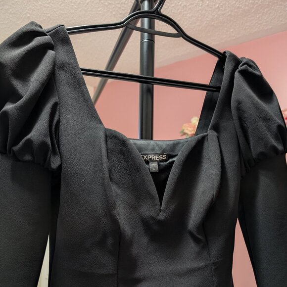 Size 0 Express Black Puff Sleeve Mini Dress - Picture 3 of 6